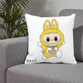 Perna Personalizata Labubu Galben Doraemon, 40x40 cm, Alba Mata, Husa Detasabila, Perna Inclusa, BEKZ®