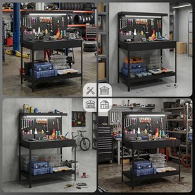 HOMCOM Banc de lucru 110 cm cu panou perforat, banc robust cu șină de prize și iluminare LED, Negru | Aosom Romania