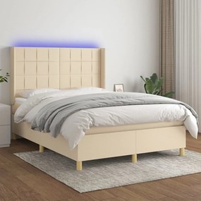 vidaXL Pat cu arcuri, saltea și LED, crem, 140x200 cm, textil