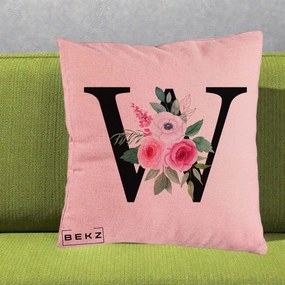 Cadou Personalizat - Perna Personalizata Monograma Florala Litera W cu Trandafiri si Anemona, 40x40 cm, Roz, Husa Detasabila, Perna Inclusa, BEKZ®