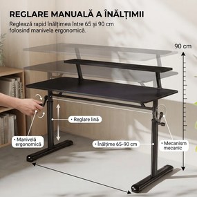 ERGOLEV WX-007 – Birou Reglabil Manual cu Înălțime Ajustabilă 65–90 cm, Blat Monobloc din PAL de Înaltă Densitate 15 mm, Cadru Metalic din Oțel, Raft Superior Integrat, 120x60 cm, Negru
