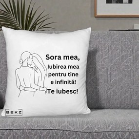 Cadou pentru Sora - Perna Personalizata Sora Mea Te Iubesc Imbratisare din Spate Line Art, 40x40 cm, Alb Pufos, Husa Detasabila, Perna Inclusa, BEKZ®