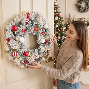 HOMCOM Coroniță de Crăciun Înzăpezită, 60 cm, cu Lumini LED, 8 Moduri, 140 Ramuri, 8 Fructe Roșii și 15 Globuri Decorative, Verde | Aosom Romania