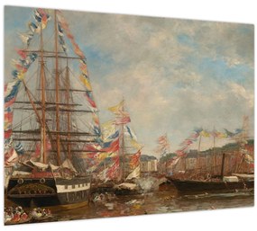 Tablou pe sticlă - Eugène Boudin, Festival in the Harbor of Honfleur, reproducere (70x50 cm)
