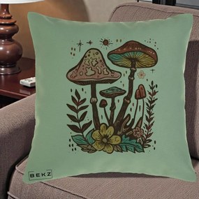 Perna Decorativa Ciuperci Boho Multicolore, 40x40 cm, Verde, Husa Detasabila, Perna Inclusa, BEKZ®