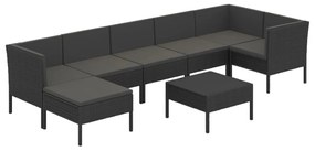 Set mobilier de gradina cu perne, 8 piese, negru, poliratan 3x colt + 3x mijloc + suport pentru picioare + masa, 1