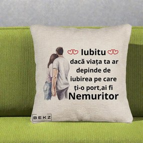 Cadou pentru Iubita - Perna Personalizata Iubitu Nemuritor cu Cuplu Acuarela si Inimi Rosii, 40x40 cm, Bej Canapea, Husa Detasabila, Perna Inclusa, BEKZ®