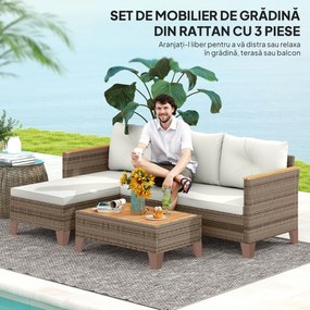 Outsunny Set de Mobilier de Grădină din 3 Piese cu Canapea, Șezlong și Măsuță de Cafea, 128x66x66 cm, Kaki | Aosom Romania
