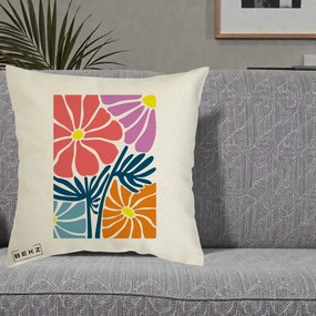 Perna Decorativa Flori Grafice Roz-Orange-Albastru, 40x40 cm, Ecru, Husa Detasabila, Perna Inclusa, BEKZ®