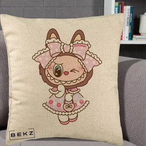 Perna Personalizata Labubu Lolita Roz cu Dantela, 40x40 cm, Bej, Husa Detasabila, Perna Inclusa, BEKZ®