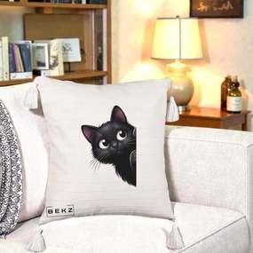 Perna Decorativa Pisica Neagra Dragalasa Curioasa, 40x40 cm, Bej cu Franjuri, Husa Detasabila, Perna Inclusa, BEKZ®