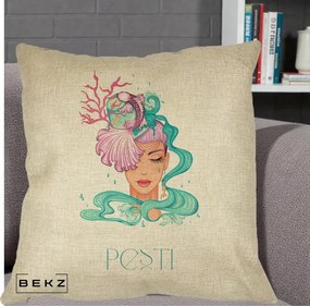 Perna Personalizata Zodiac Pesti Cowgirl, 40x40 cm, Crem, Husa Detasabila, Perna Inclusa, BEKZ®