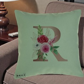 Cadou Personalizat - Perna Personalizata Monograma Rose Gold Litera R, 40x40 cm, Verde, Husa Detasabila, Perna Inclusa, BEKZ®