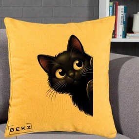 Perna Decorativa Pisica Neagra Dragalasa Curioasa, 40x40 cm, Galben, Husa Detasabila, Perna Inclusa, BEKZ®