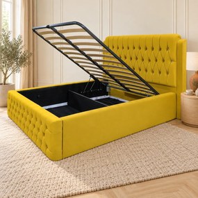 Pat tapițat Chesterfield din catifea Aveline Deluxe 140×200 cm, galben muștar, cu ladă de depozitare