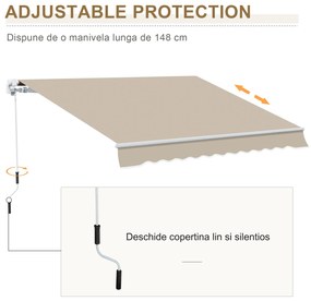 Outsunny Copertină Retractabilă pentru Terasă cu Manivelă Manuală, Rezistentă la Apă, Structură Metalică și Aluminiu, 4x2.5m, Bej | Aosom Romania