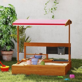 Outsunny Nisipar din lemn pentru copii cu copertină reglabilă și jucării de bucătărie Juego para Niños 3-7 Años 114x110x110 cm Maro | Aosom Romania