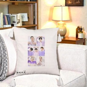 Perna Personalizata K-pop BTS Colaj 7 Portrete cu Inimi Lila, 40x40 cm, Bej cu Franjuri, Husa Detasabila, Perna Inclusa, BEKZ®