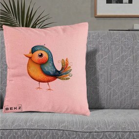 Perna Decorativa Pasare Folk Art Portocalie-Teal, 40x40 cm, Roz, Husa Detasabila, Perna Inclusa, BEKZ®
