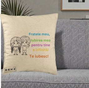 Cadou pentru Frate - Perna Personalizata Fratele Meu Te Iubesc Copii Anime Colorat, 40x40 cm, Bej, Husa Detasabila, Perna Inclusa, BEKZ®