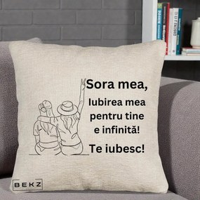 Cadou pentru Sora - Perna Personalizata Sora Mea Te Iubesc Line Art Portrete Colorate, 40x40 cm, Bej Canapea, Husa Detasabila, Perna Inclusa, BEKZ®