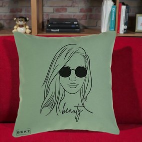 Perna Decorativa Beauty Girl Line Art, 40x40 cm, Verde, Husa Detasabila, Perna Inclusa, BEKZ®