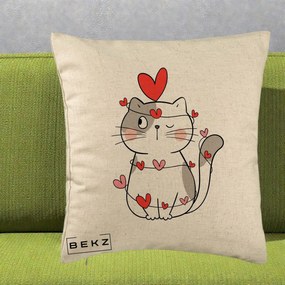 Perna Decorativa Pisica Kawaii cu Inimi, 40x40 cm, Bej, Husa Detasabila, Perna Inclusa, BEKZ®