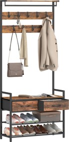 HOMCOM Cuier cu cârlige pentru haine, bancă pentru încălțăminte, organizator industrial pentru hol, cadru din oțel, Maro rustic | Aosom Romania