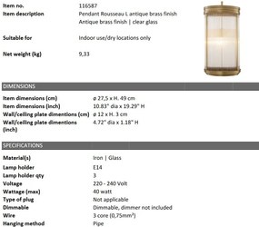 Lustra, Pendul design LUX Rousseau L, alama antic