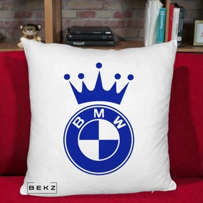 Perna Personalizata cu emblema BMW si Coroana, 40x40 cm, Alb Pufos, Husa Detasabila, Perna Inclusa, BEKZ®