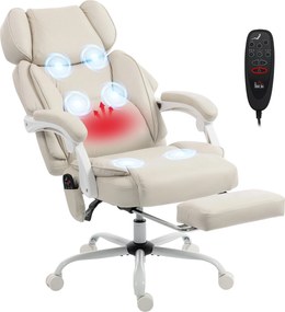 HOMCOM Scaun de birou cu spătar înalt cu masaj prin vibrații și încălzire, ergonomic, rabatabil, cu suport pentru picioare, alb crem | Aosom Romania