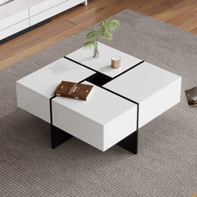 Elegantă măsuță de cafea lucioasă cu 4 sertare, compartiment de depozitare integrat, 70×70×35 cm, Alb+Negru