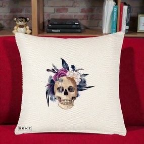 Perna Decorativa Craniu Floral cu Trandafiri si Ciuperci, 40x40 cm, Crem Reliefat, Husa Detasabila, Perna Inclusa, BEKZ®