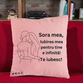 Cadou pentru Sora - Perna Personalizata Sora Mea Te Iubesc Imbratisare din Spate Line Art, 40x40 cm, Roz, Husa Detasabila, Perna Inclusa, BEKZ®