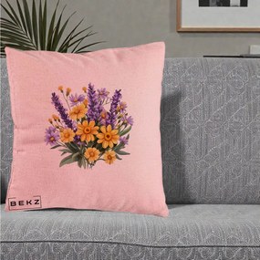 Perna Decorativa Lavanda cu Margarete Galbene si Lila, 40x40 cm, Roz, Husa Detasabila, Perna Inclusa, BEKZ®