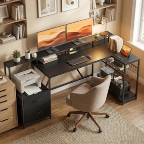 HOMCOM Birou Gaming Reversibil în Formă de L cu LED, Birou Colțar 192,5 cm cu Prize Electrice, Suport Monitor și CPU, 2 Sertare din Material Textil pentru Documente A4/Legal, pentru Acasă sau Birou, Negru | Aosom Romania