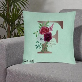Cadou Personalizat - Perna Personalizata Monograma Rose Gold Litera F, 40x40 cm, Verde Menta, Husa Detasabila, Perna Inclusa, BEKZ®
