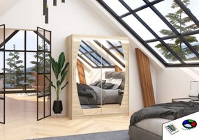 Dulap cu usi glisante si oglinda + iluminare LED, Alen 150 + LED, 150 cmx200 cmx58 cm, ADRK Furniture (Culoare: Ciocolata)