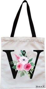 Sacosa de Panza pentru Cumparaturi, Geanta Tote, Cu litera W si Trandafiri, Cu fermoar, 38x34.5 cm, Alba, BEKZ®