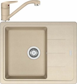 Set chiuveta bucatarie compozit Franke Basis 1 cuva cu picurator 62x50 cm reversibila finisaj bej mat cu baterie
