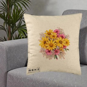 Perna Decorativa Floarea-Soarelui cu Cosmos Roz si Gypsophila, 40x40 cm, Bej, Husa Detasabila, Perna Inclusa, BEKZ®