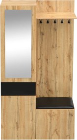 Set pentru garderobă cu 5 cârlige pentru haine, oglindă, dulap pentru pantofi și dulap încorporat, 98,5x38x191 cm, Culoare naturală