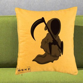 Perna Decorativa Moartea cu Coasa Grim Reaper Halloween, 40x40 cm, Galben, Husa Detasabila, Perna Inclusa, BEKZ®