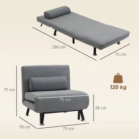 HOMCOM Fotoliu extensibil cu spătar ajustabil în 5 poziții, țesătură cu efect de in și oțel, 75x70x75 cm, Gri | Aosom Romania