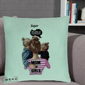 Cadou pentru Mama - Perna Personalizata Super Mama Mom of Girls, 40x40 cm, Verde Menta, Husa Detasabila, Perna Inclusa, BEKZ®