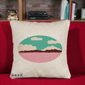 Perna Decorativa Peisaj Desert Oval Pastel, 40x40 cm, Bej Canapea, Husa Detasabila, Perna Inclusa, BEKZ®