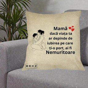Cadou pentru Mama - Perna Personalizata Mama Nemuritoare Kawaii, 40x40 cm, Crem, Husa Detasabila, Perna Inclusa, BEKZ®