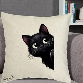 Perna Decorativa Pisica Neagra Dragalasa Curioasa, 40x40 cm, Ecru, Husa Detasabila, Perna Inclusa, BEKZ®