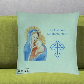 Cadou de Onomastica - Perna Personalizata Sfanta Marie Icoana Acuarela, 40x40 cm, Verde Menta, Husa Detasabila, Perna Inclusa, BEKZ®