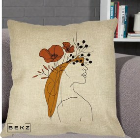 Perna Decorativa Portret Feminin Maci Rosii Auriu, 40x40 cm, Crem, Husa Detasabila, Perna Inclusa, BEKZ®
